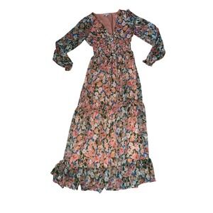 Patrons of Peace Floral Maxi Dress Pink Blue Smocked Waist V-Neck Tiered Medium